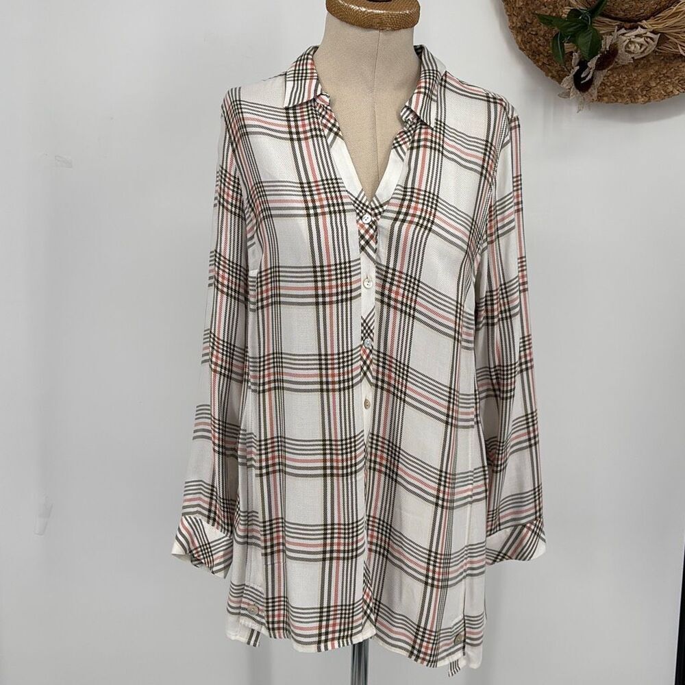 J.Jill Plaid Rayon Tunic Blouse Oversized Long Collared‎ Shirt M
